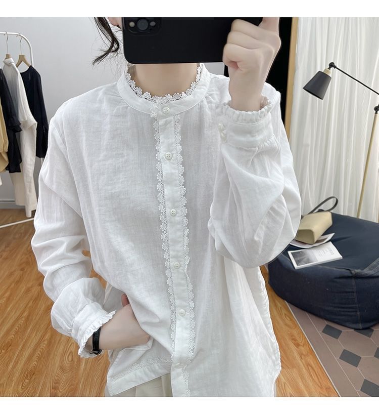 Band Collar Lace Blouse - Long Sleeve Button Front