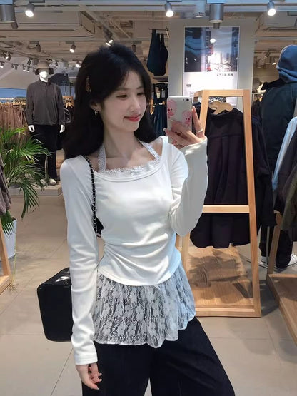 Halter Panel Lace Long Sleeve Top