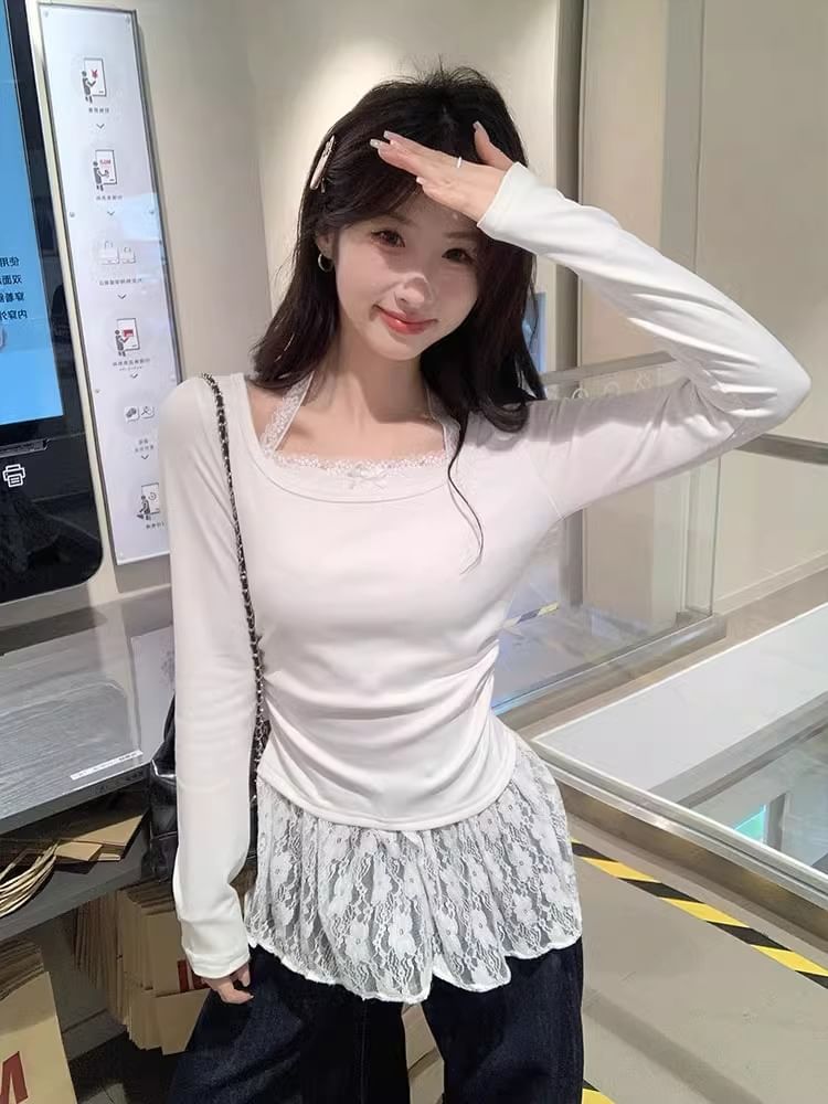 Halter Panel Lace Long Sleeve Top