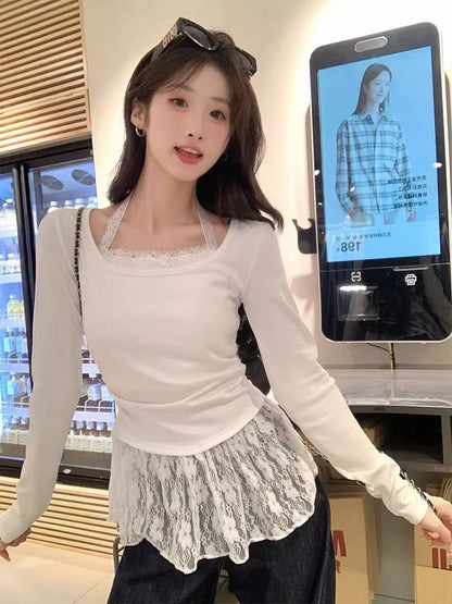 Halter Panel Lace Long Sleeve Top