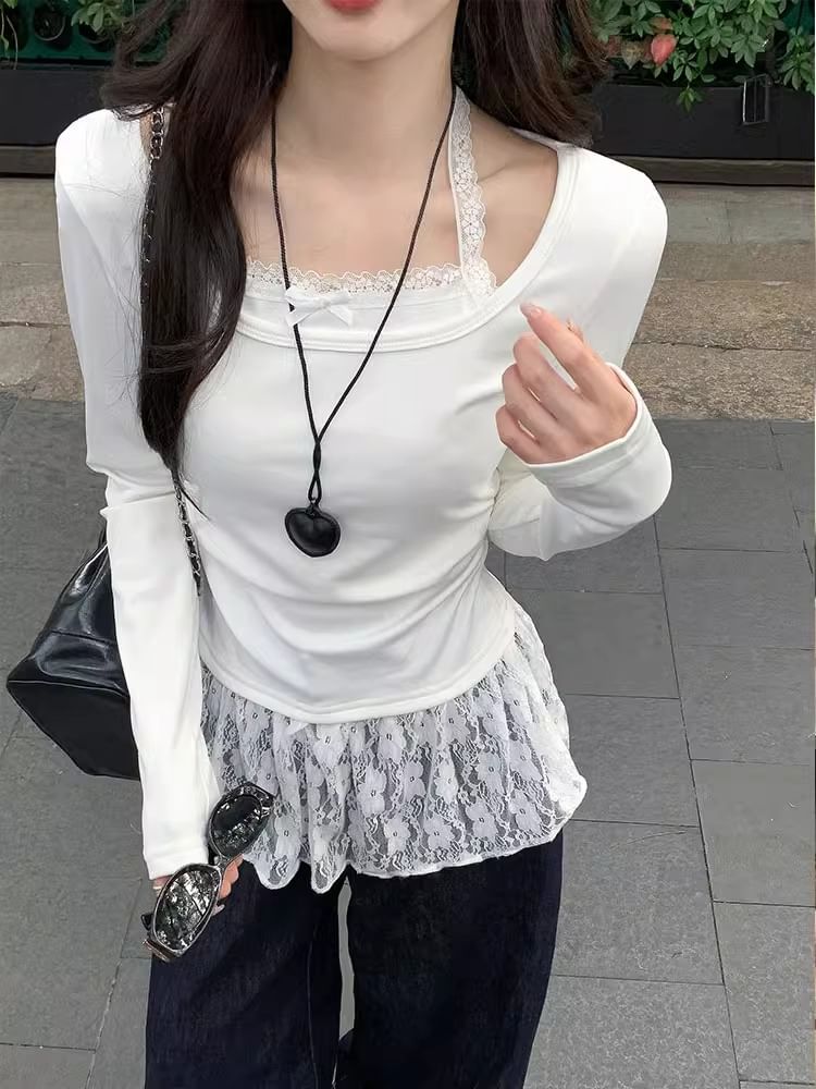 Halter Panel Lace Long Sleeve Top