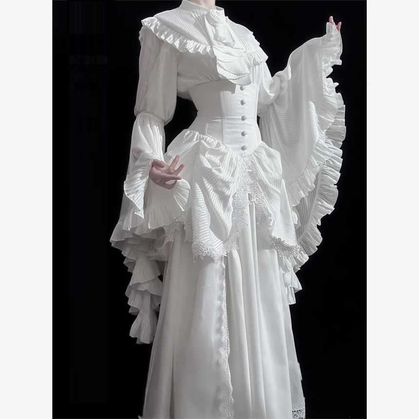 Frill Trim Blouse Set - Midi Skirt with Lace