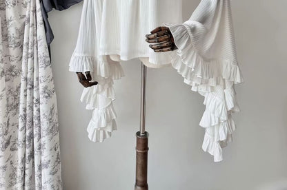 Frill Trim Blouse Set - Midi Skirt with Lace
