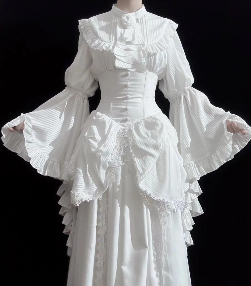 Frill Trim Blouse Set - Midi Skirt with Lace