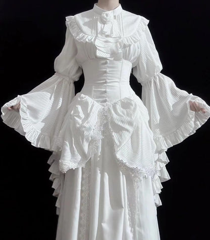 Frill Trim Blouse Set - Midi Skirt with Lace