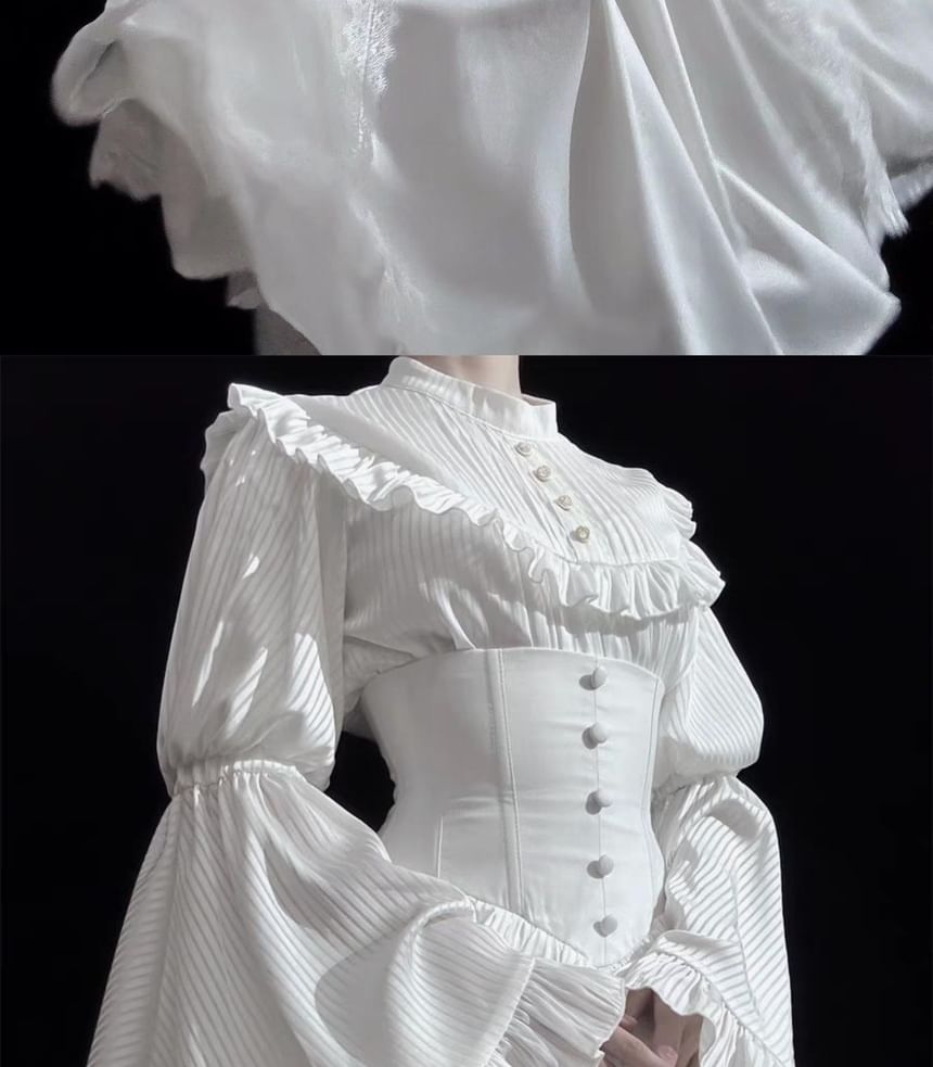 Frill Trim Blouse Set - Midi Skirt with Lace