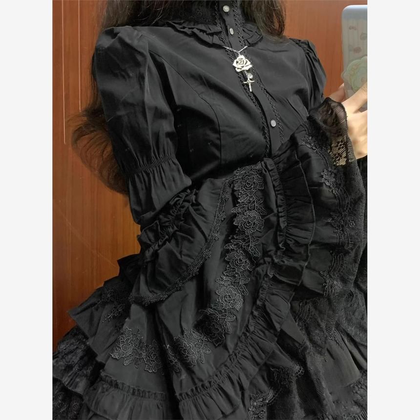 Ruffle Trim Bell Sleeve Blouse - Lace Panel