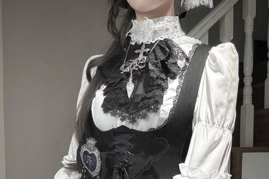 Ruffle Trim Bell Sleeve Blouse - Lace Panel