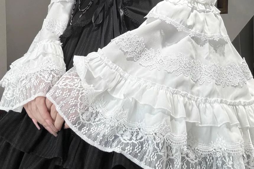 Ruffle Trim Bell Sleeve Blouse - Lace Panel