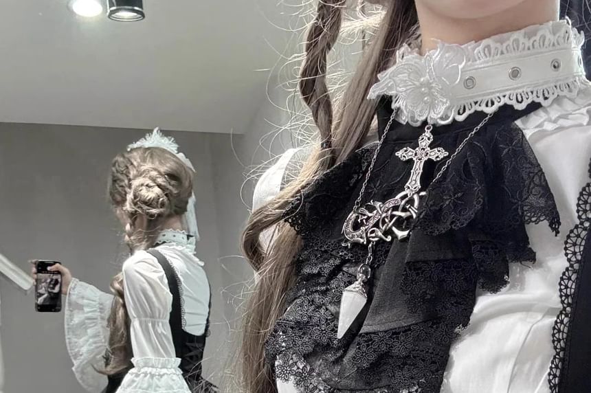 Ruffle Trim Bell Sleeve Blouse - Lace Panel