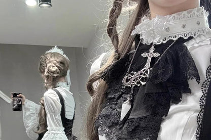 Ruffle Trim Bell Sleeve Blouse - Lace Panel