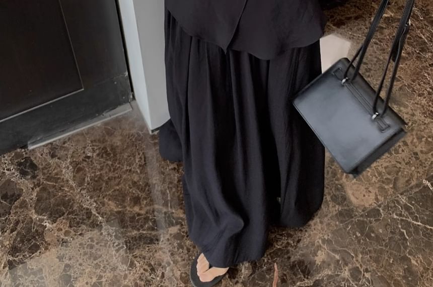 Set: V-Neck Plain Asymmetrical Tank Top + Elastic Waist Maxi A-Line Skirt