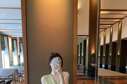 Set: V-Neck Plain Asymmetrical Tank Top + Elastic Waist Maxi A-Line Skirt