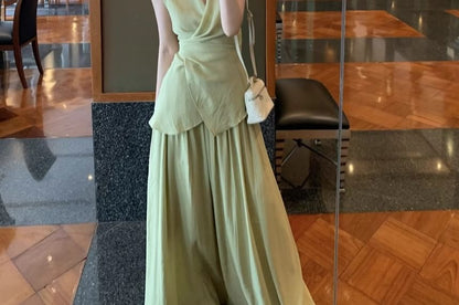 Set: V-Neck Plain Asymmetrical Tank Top + Elastic Waist Maxi A-Line Skirt