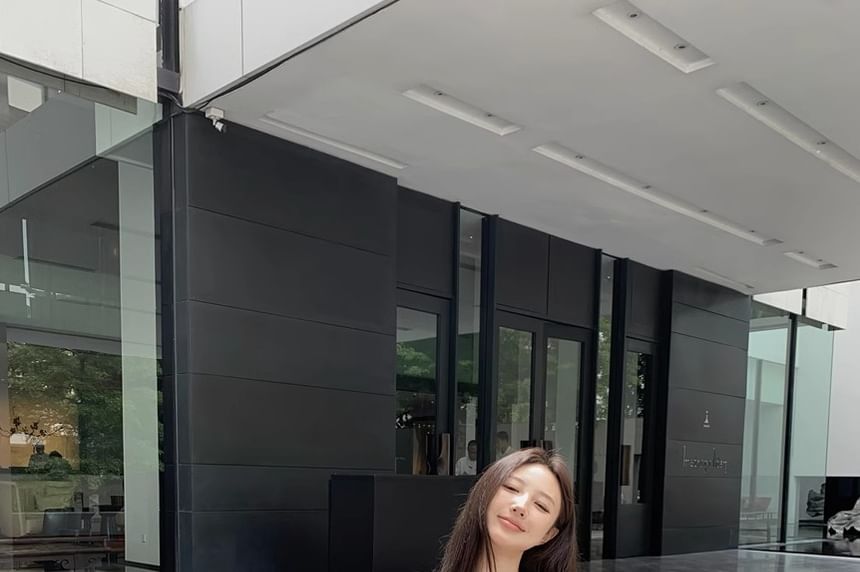 Set: V-Neck Plain Asymmetrical Tank Top + Elastic Waist Maxi A-Line Skirt