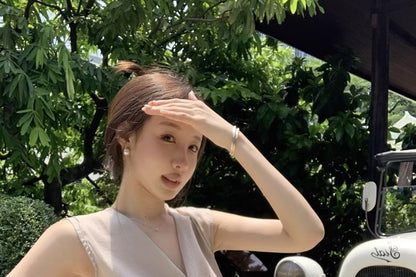 Set: V-Neck Plain Asymmetrical Tank Top + Elastic Waist Maxi A-Line Skirt