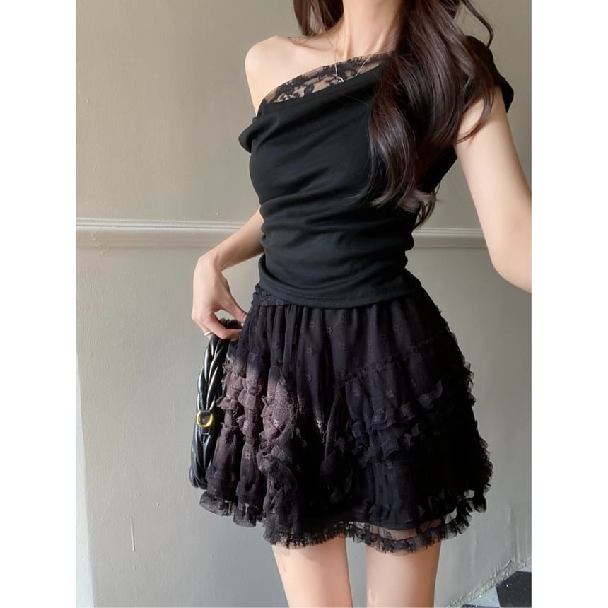 Slim Tee and Lace Skirt Set - Off Shoulder Cap Sleeve