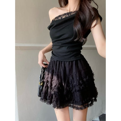 Slim Tee and Lace Skirt Set - Off Shoulder Cap Sleeve