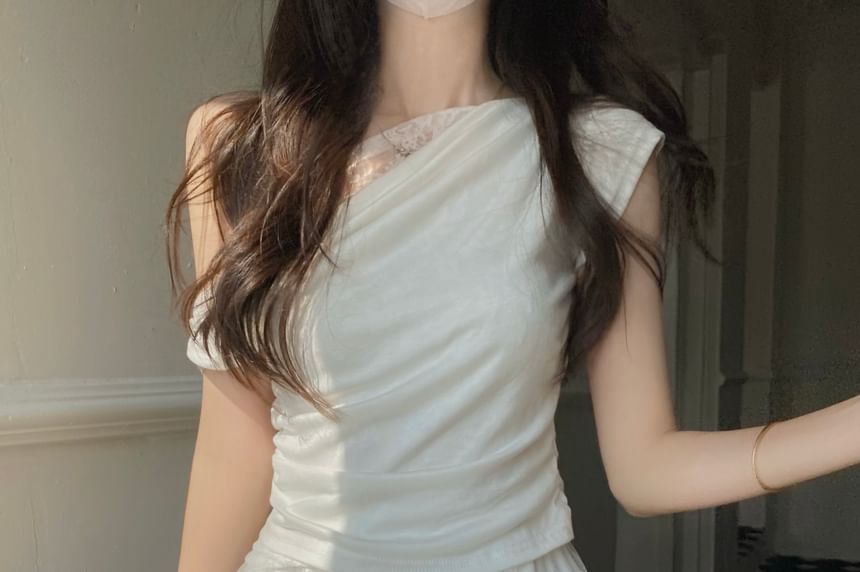 Slim Tee and Lace Skirt Set - Off Shoulder Cap Sleeve