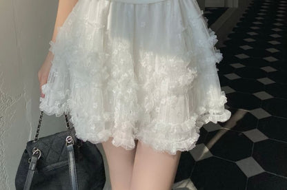 Slim Tee and Lace Skirt Set - Off Shoulder Cap Sleeve