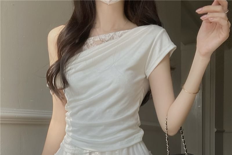 Slim Tee and Lace Skirt Set - Off Shoulder Cap Sleeve