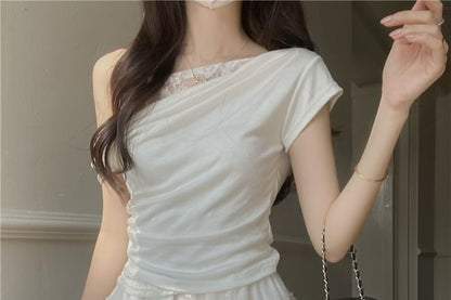 Slim Tee and Lace Skirt Set - Off Shoulder Cap Sleeve