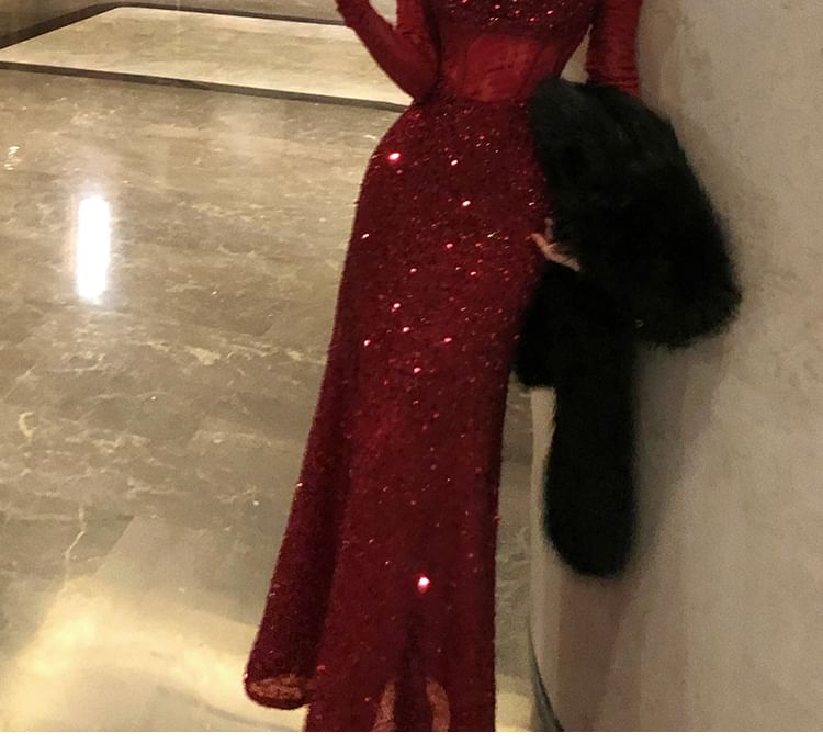 Set: Spaghetti Strap Scoop Neck Sequin Evening Gown Gown + Arm Sleeves