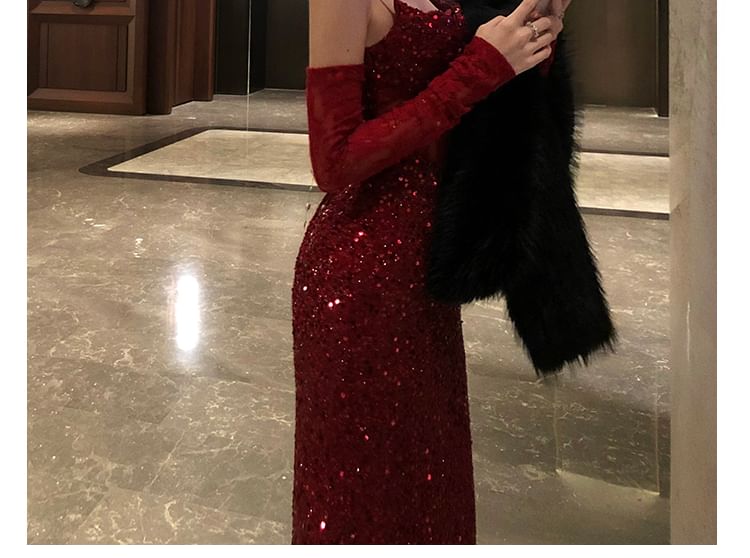 Set: Spaghetti Strap Scoop Neck Sequin Evening Gown Gown + Arm Sleeves