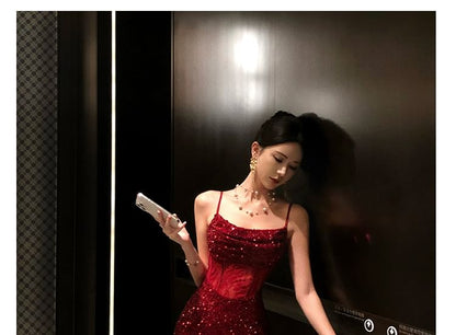 Set: Spaghetti Strap Scoop Neck Sequin Evening Gown Gown + Arm Sleeves
