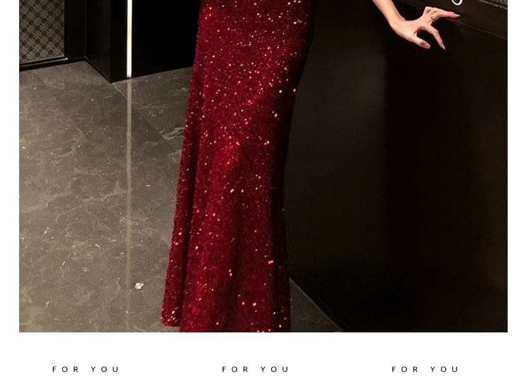 Set: Spaghetti Strap Scoop Neck Sequin Evening Gown Gown + Arm Sleeves