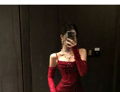 Set: Spaghetti Strap Scoop Neck Sequin Evening Gown Gown + Arm Sleeves