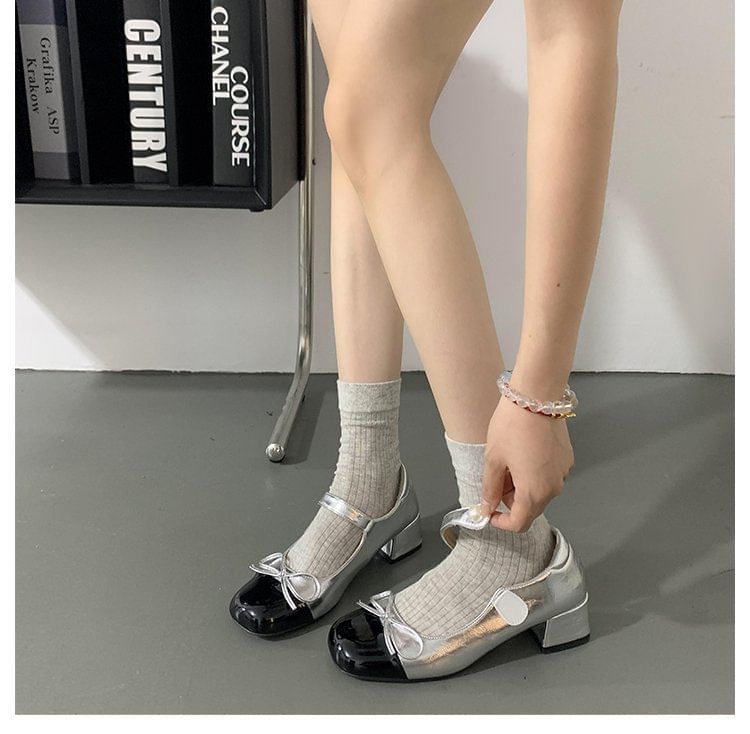 Block Heel Two Tone Ribbon Mary Jane Pumps