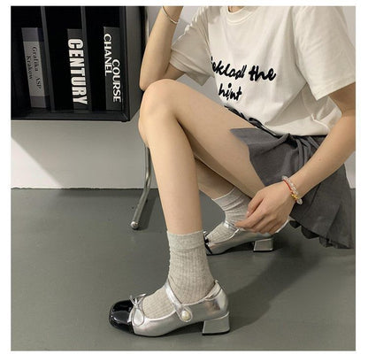 Block Heel Two Tone Ribbon Mary Jane Pumps