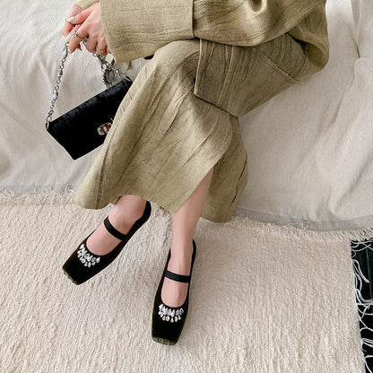 Low Heel Square Toe Rhinestone Velvet Pumps