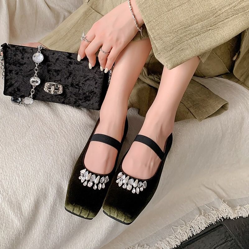Low Heel Square Toe Rhinestone Velvet Pumps