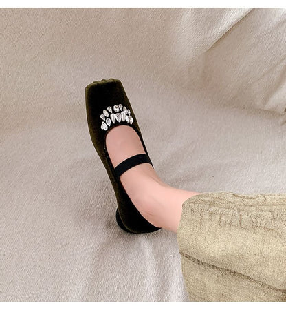 Low Heel Square Toe Rhinestone Velvet Pumps