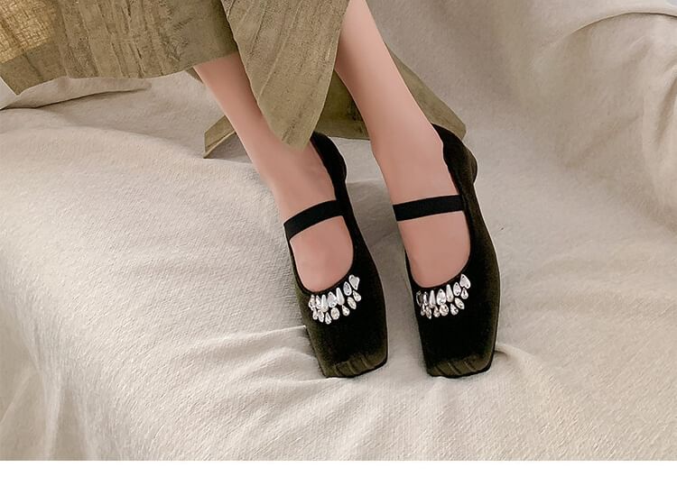 Low Heel Square Toe Rhinestone Velvet Pumps
