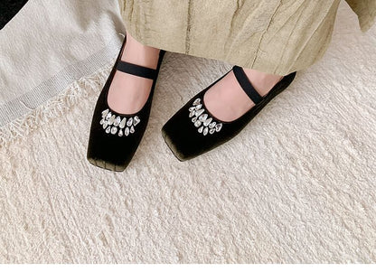 Low Heel Square Toe Rhinestone Velvet Pumps