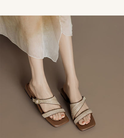 Low Strap Sandals Heel Woven Square Toe