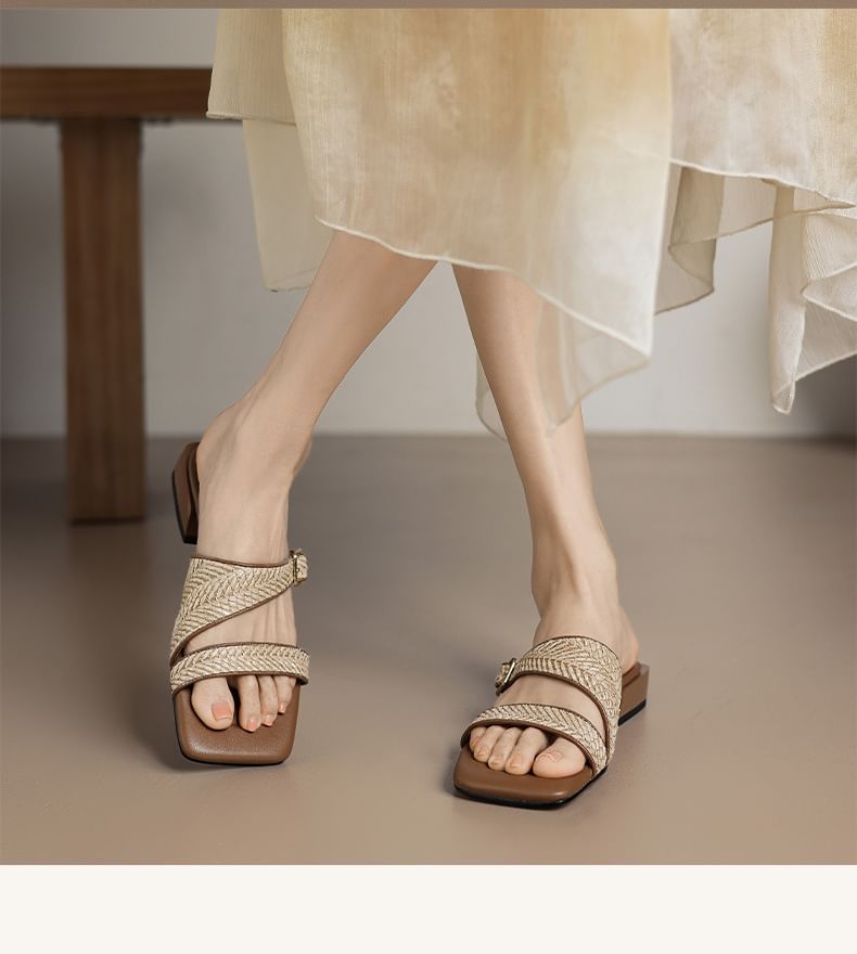 Low Strap Sandals Heel Woven Square Toe