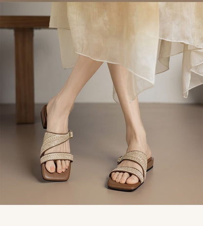 Low Strap Sandals Heel Woven Square Toe