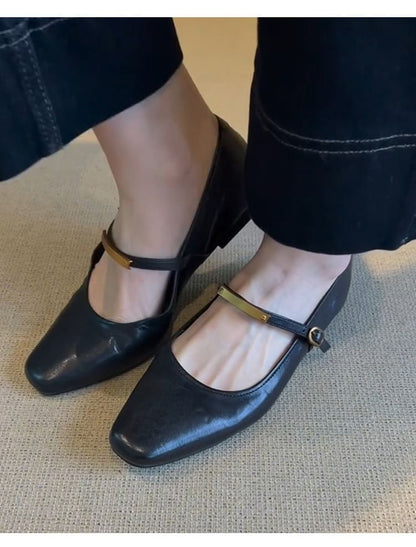 Square Toe Metal Accent Mary Jane Flats