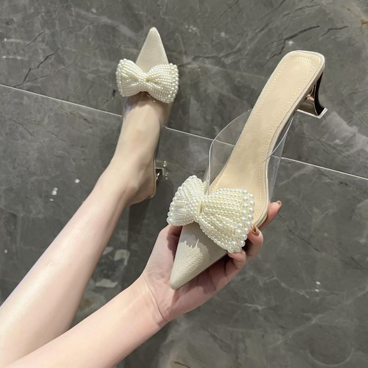 Spool Heel Beaded Bow Transparent Strap Mules