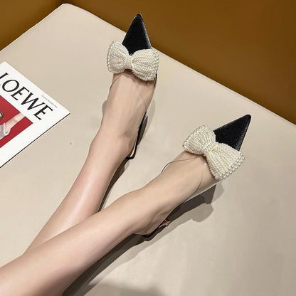 Spool Heel Beaded Bow Transparent Strap Mules