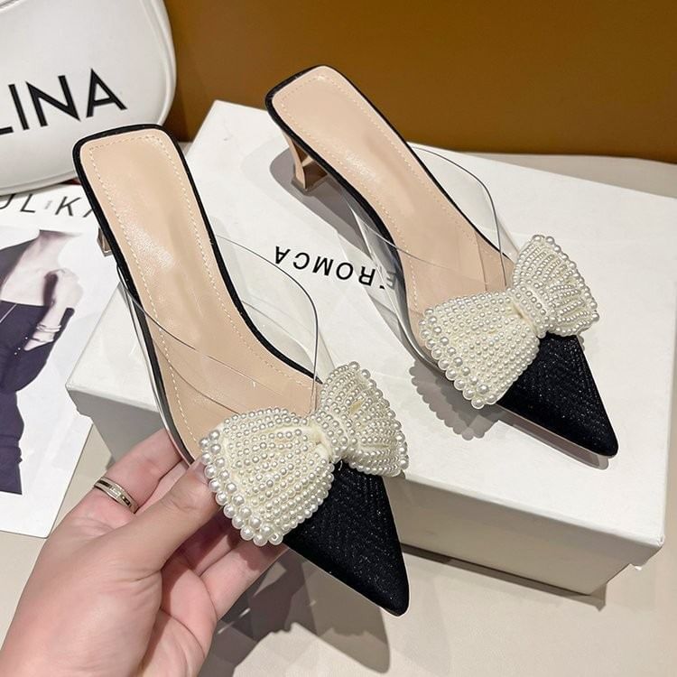 Spool Heel Beaded Bow Transparent Strap Mules