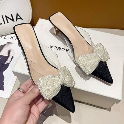 Spool Heel Beaded Bow Transparent Strap Mules