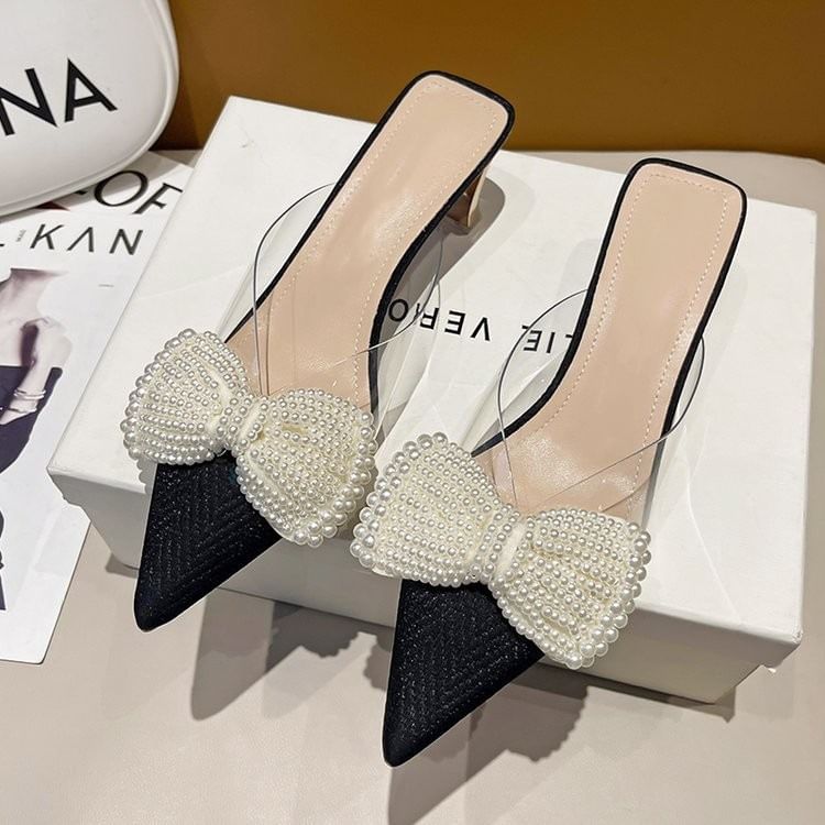 Spool Heel Beaded Bow Transparent Strap Mules