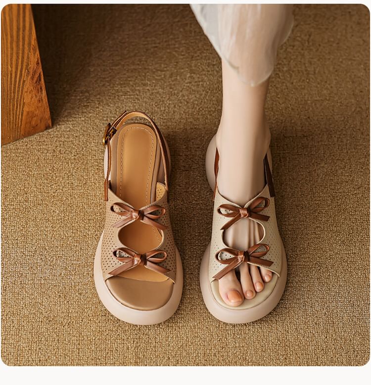 Faux Leather Ribbon Accent Platform Sandals