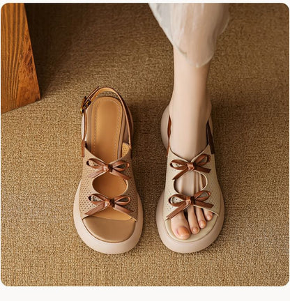 Faux Leather Ribbon Accent Platform Sandals
