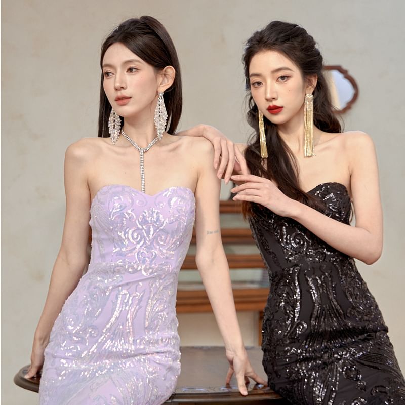 Mesh Patterned Mermaid Tube Panel Gown Sequin Evening